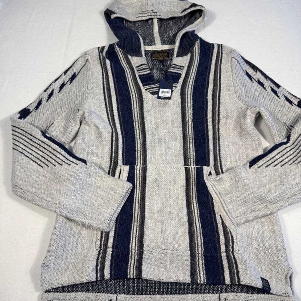Lucky Brand Mens‎ M Baja Hoodie Gray Navy Pullover Surf Boho Skater Street Knit - Picture 6 of 14